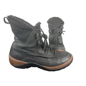 Merrell Waterproof Winter Boots Black Leather Faux Fur Lined lace up Size 8.5